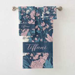 Conjunto De Toalhas Flores brancas azuis cor-de-rosa azul Fundo azul