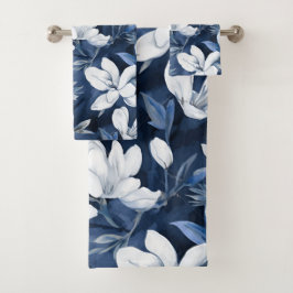 Conjunto De Toalhas Flores Brancas da Magnolia, Fundo Azul