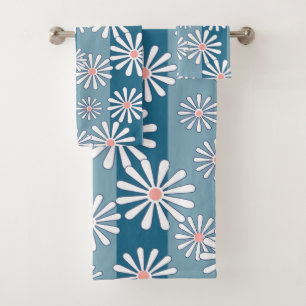 Conjunto De Toalhas Flores brancas de camomila em fundo azul listrado