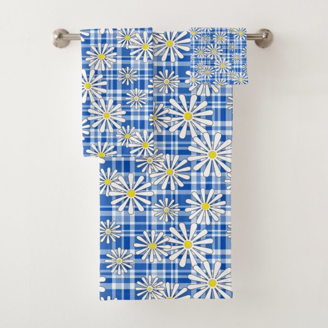 Conjunto De Toalhas Flores brancas de camomila em um fundo azul-contro (Insitu)