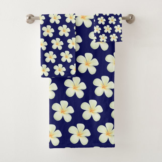 Conjunto De Toalhas Flores Brancas de Plumeria de Frangipani em Azul M (Insitu)