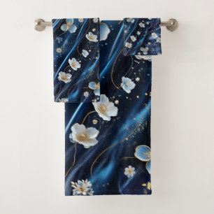 Conjunto De Toalhas Flores brancas e Douradas de abstrato na Seda Azul
