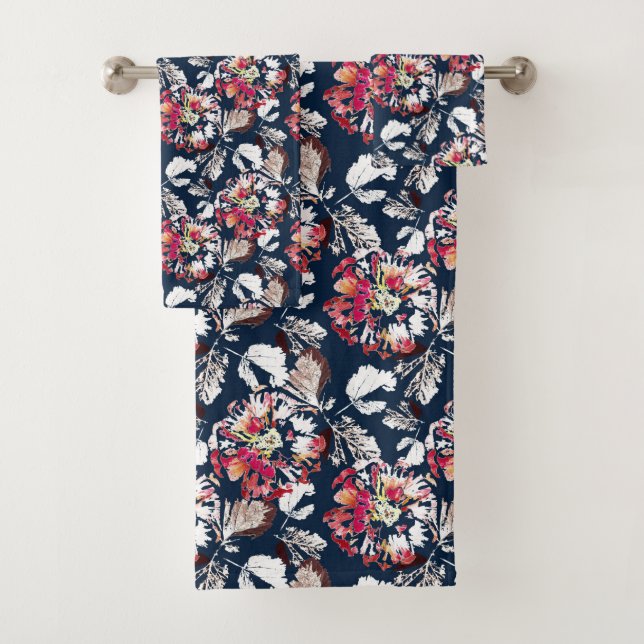 Conjunto De Toalhas Flores brancas e vermelhas em azul. (Insitu)