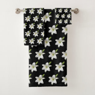 Conjunto De Toalhas Flores Brancas Elegantes em Preto