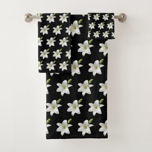 Conjunto De Toalhas Flores Brancas Elegantes em Preto (Insitu)
