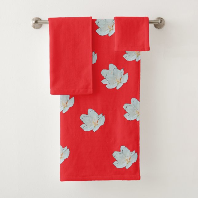 Conjunto De Toalhas Flores Brancas Em Vermelho   (Insitu)