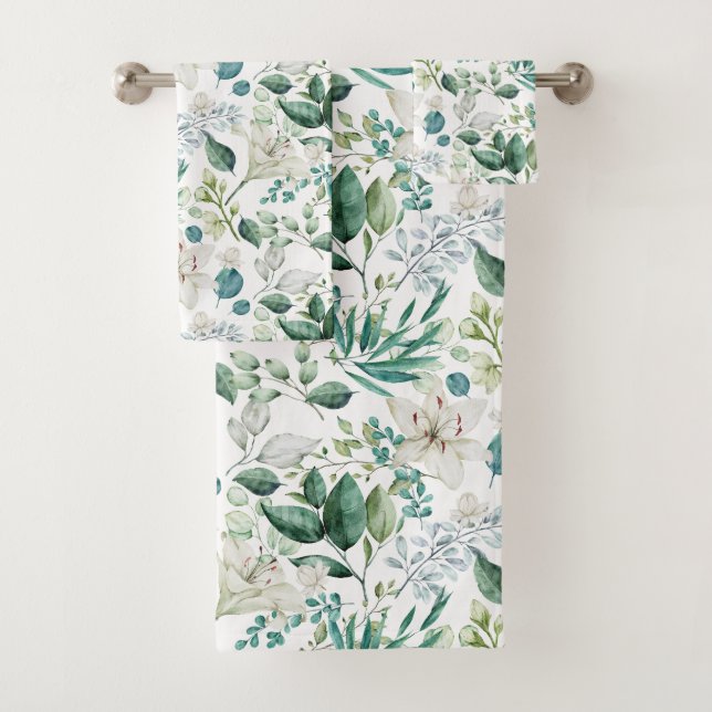 Conjunto De Toalhas Flores Brancas Florais Verde Eucalipto Elegante (Insitu)