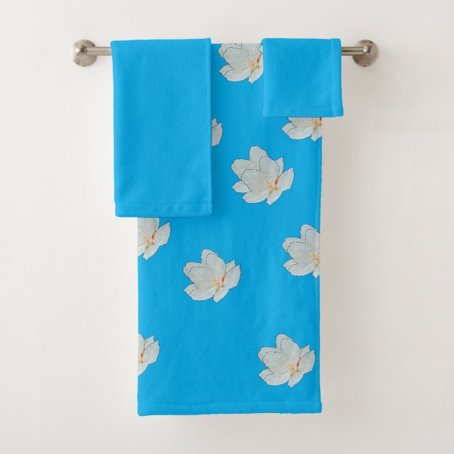 Conjunto De Toalhas Flores Brancas Sobre Azul Azureo   (Insitu)