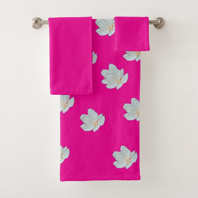 Conjunto De Toalhas Flores Brancas Sobre Rosa Quente    (Insitu)