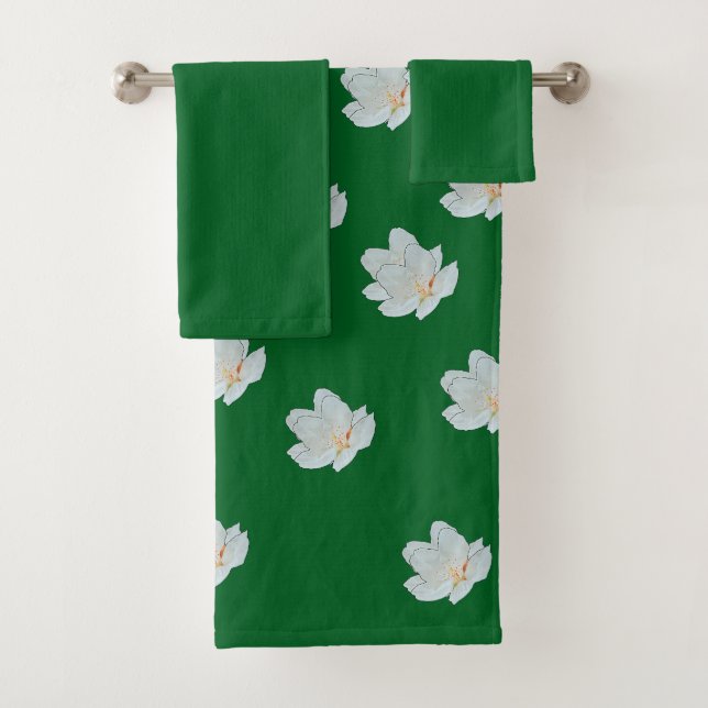Conjunto De Toalhas Flores Brancas Sobre Verde Florestal   (Insitu)