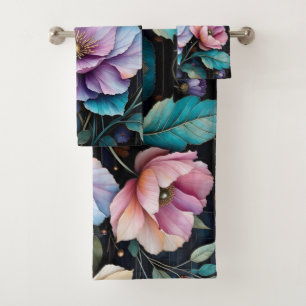 Conjunto De Toalhas Flores coloridas e folhas de fundo preto