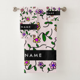 Conjunto De Toalhas Flores Coloridas, Fundo Rosa, Preto