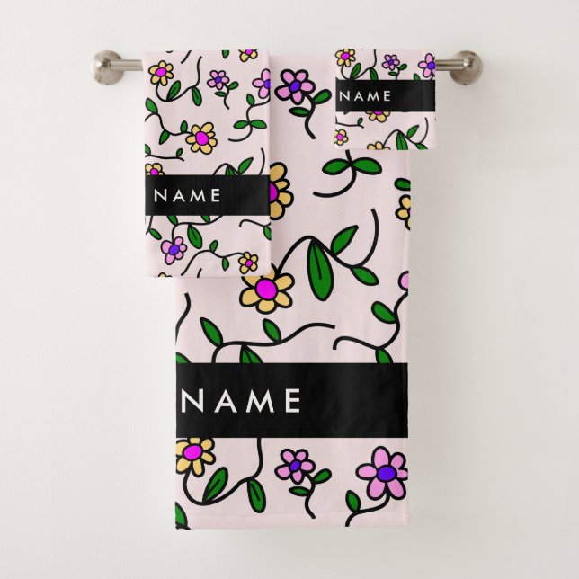 Conjunto De Toalhas Flores Coloridas, Fundo Rosa, Preto (Insitu)