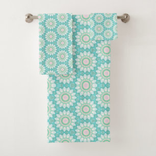 Conjunto De Toalhas Flores com Fundo Turquesa