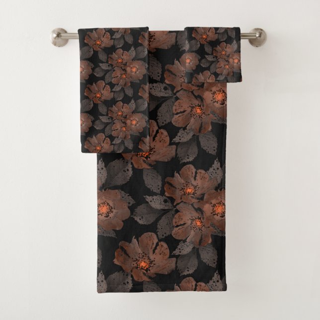 Conjunto De Toalhas Flores cor de laranja e castanhas num fundo preto. (Insitu)