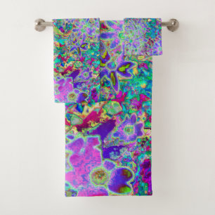 Conjunto De Toalhas Flores Cor-de-Rosa e Roxas Abstratas Psicodélicas