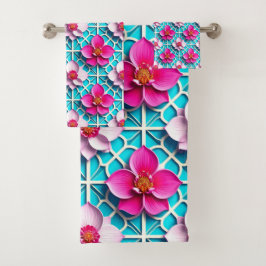 Conjunto De Toalhas Flores Cor-de-Rosa em um Fundo Geométrico Azul