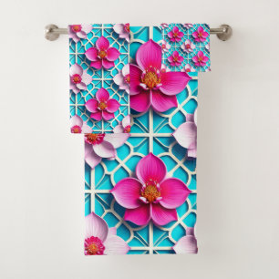 Conjunto De Toalhas Flores Cor-de-Rosa em um Fundo Geométrico Azul