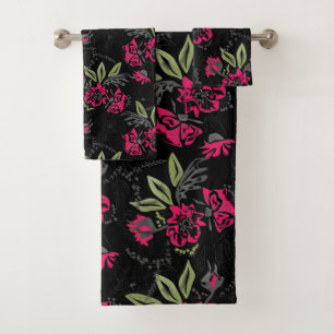 Conjunto De Toalhas Flores cor-de-rosa sem costura folhas verdes esbo