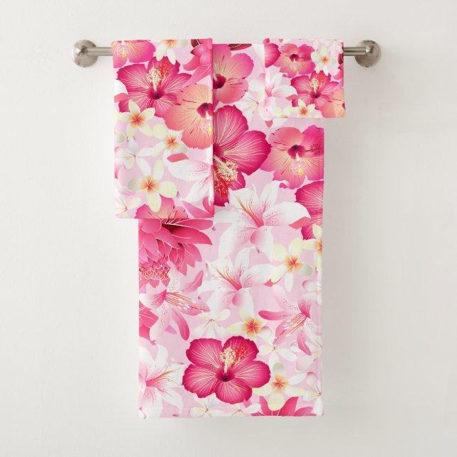 Conjunto De Toalhas Flores cor-de-rosa tropical e brancas (Insitu)