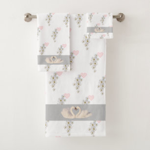 Conjunto De Toalhas Flores, Coração & Casal de Cisnes em Preto & Cinza