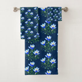 Conjunto De Toalhas Flores Crocus Azul Escuro