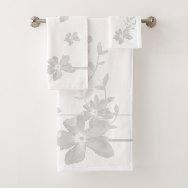 Conjunto De Toalhas Flores de Aguarela Cinza Listras em Branco (Insitu)