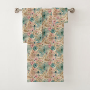 Conjunto De Toalhas Flores de Aguarela Rosa Azul Bege e Libélula