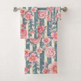 Conjunto De Toalhas Flores de Aquarela Rosa em Stripes