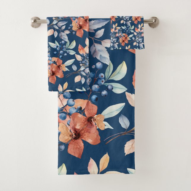 Conjunto De Toalhas Flores de aquarelas e berries em azul-Marinho (Insitu)