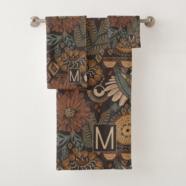 Conjunto De Toalhas Flores de Boho Monogramas deixam a selva (Insitu)