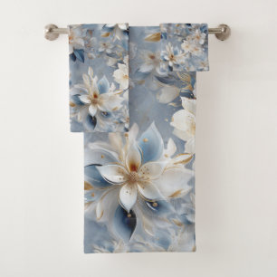 Conjunto De Toalhas Flores de Borda Douradas de Banda Azul e Branca