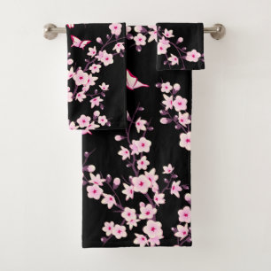 Conjunto De Toalhas Flores de Cerejeira Rosa Preto