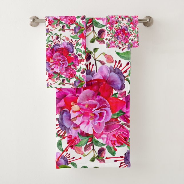 Conjunto De Toalhas Flores de Fúcsia em Aquarela (Insitu)
