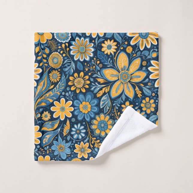 Conjunto De Toalhas Flores de Hipopia Retro Flores Design Amarelo Azul (Pano de lavar)