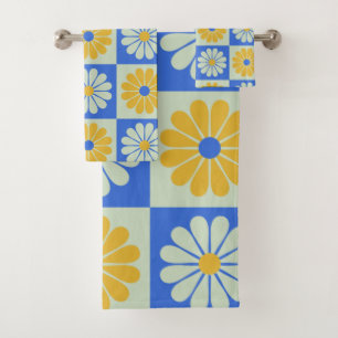 Conjunto De Toalhas Flores de humor do Meio século retrô em azul e a