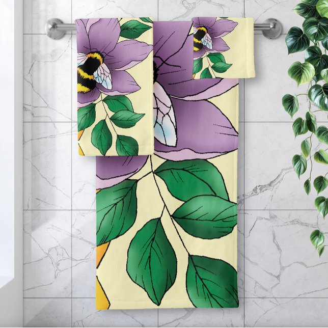 Conjunto De Toalhas Flores de Lavanda de mamangabas amarelas (Criador carregado)