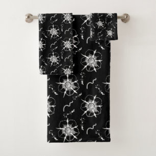 Conjunto De Toalhas Flores de Linha Branca de abstrato em Preto