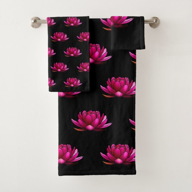 Conjunto De Toalhas Flores de Lotus Rosa Profundo em Preto (Insitu)