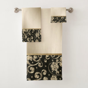Conjunto De Toalhas Flores de Ouro Elegantes, Preto