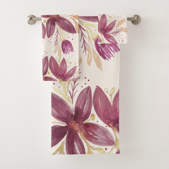 Conjunto De Toalhas Flores de Paixão, Borgonha de Aquarela e Dourado (Insitu)