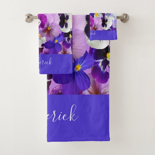 Conjunto De Toalhas Flores de Pansy Floral Roxo Branco Monograma  (Insitu)