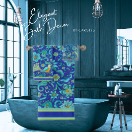 Conjunto De Toalhas Flores de Pássaros Azul Real, Amarelo, Aqua 