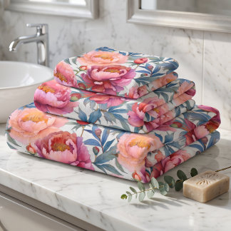 Conjunto De Toalhas Flores de Peônia Rosa e Pêssego em Aquarela