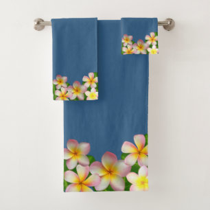 Conjunto De Toalhas Flores de Plumeria em Azul Prêmio