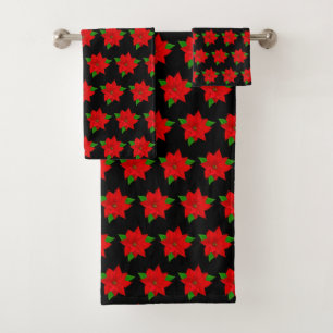Conjunto De Toalhas Flores de Poinsettia Vermelhas em Preto