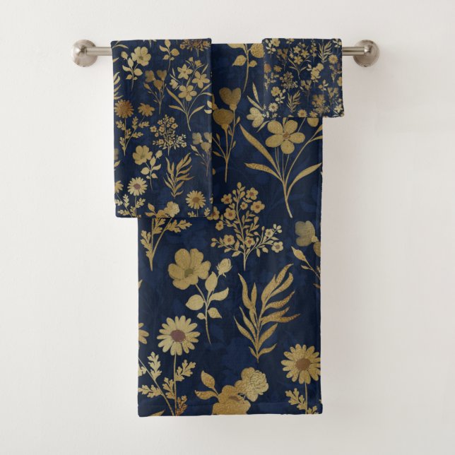Conjunto De Toalhas Flores Douradas Elegantes Botânicas Azuis (Insitu)