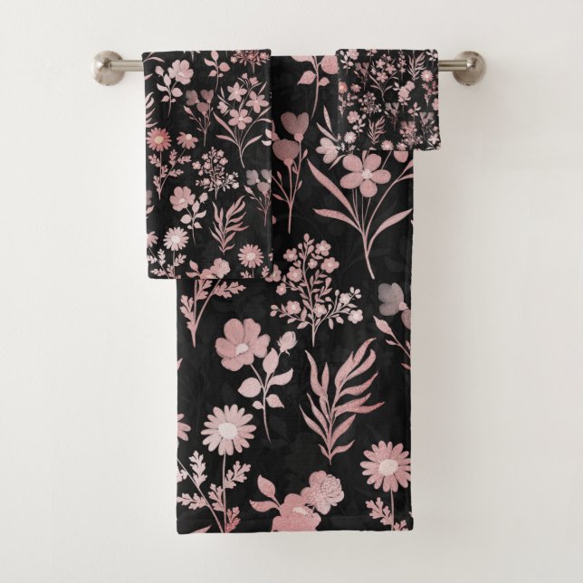 Conjunto De Toalhas Flores Douradas Elegantes Rosa preto (Insitu)