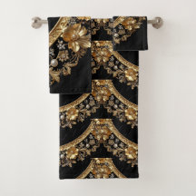 Conjunto de Toalhas Flores Douradas Ornamentadas