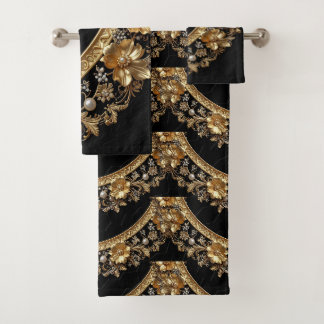 Conjunto de Toalhas Flores Douradas Ornamentadas